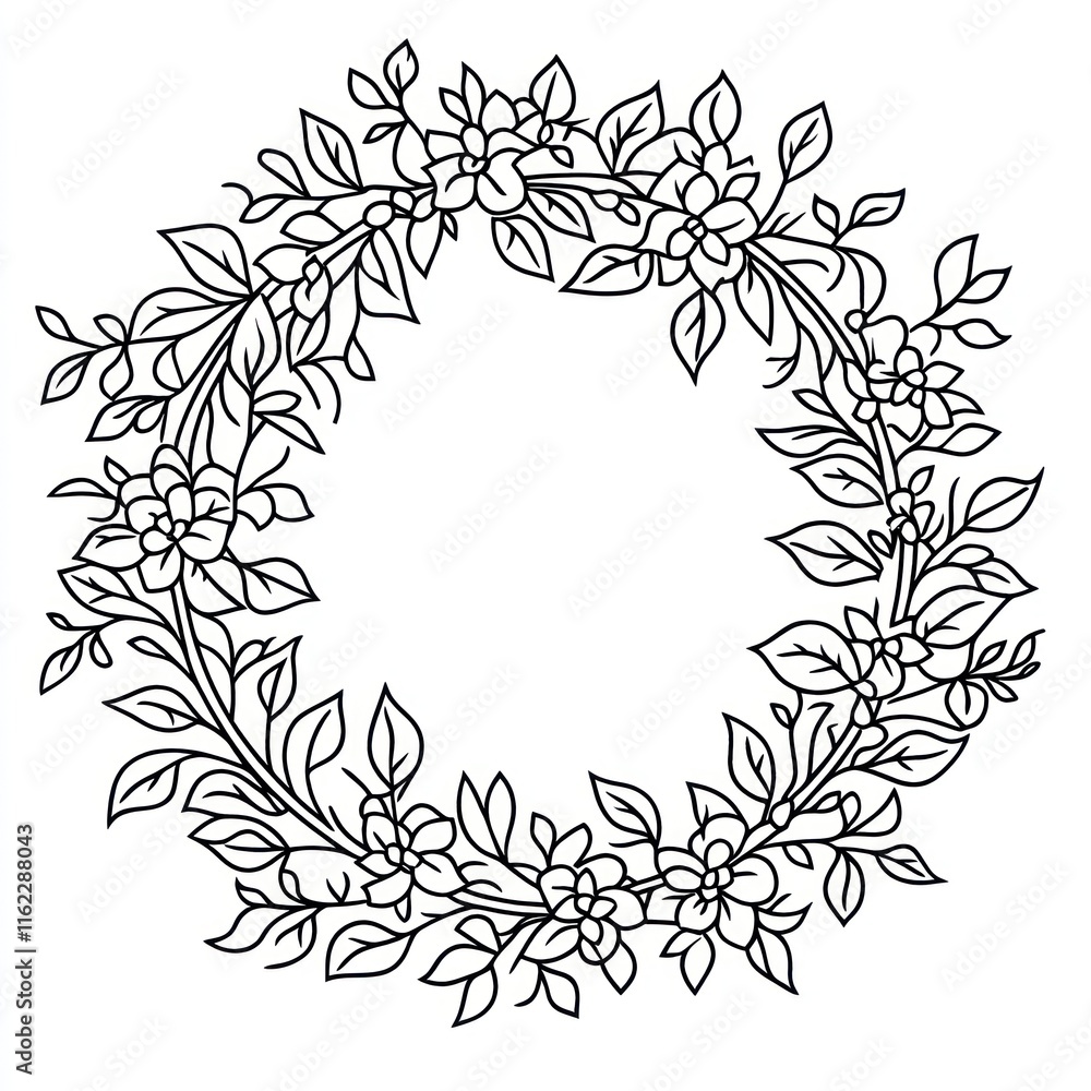 Circular floral wreath frame, line art, black and white. Circular floral wreath frame, line art, black and white.