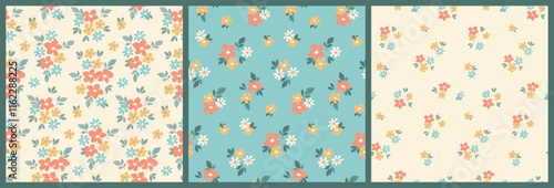 Seamless floral pattern, liberty ditsy print collection. Cute botanical textile, wallpaper design of small pretty flowers, tiny leaves, simple hand drawn plants in mini bouquets. Vector illustration.
