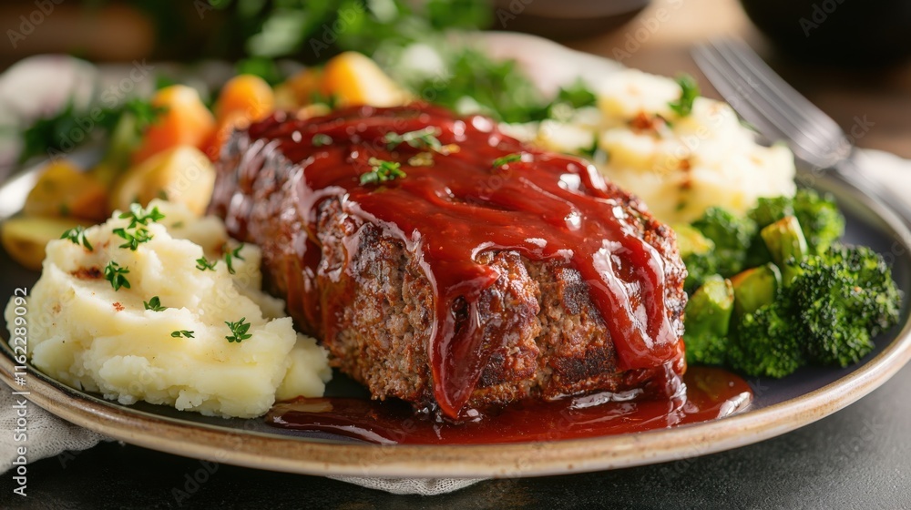 Gourmet meatloaf with ketchup glaze served with mashed potatoes and steamed vegetables Gourmet meatloaf with ketchup glaze served with mashed potatoes and steamed vegetables