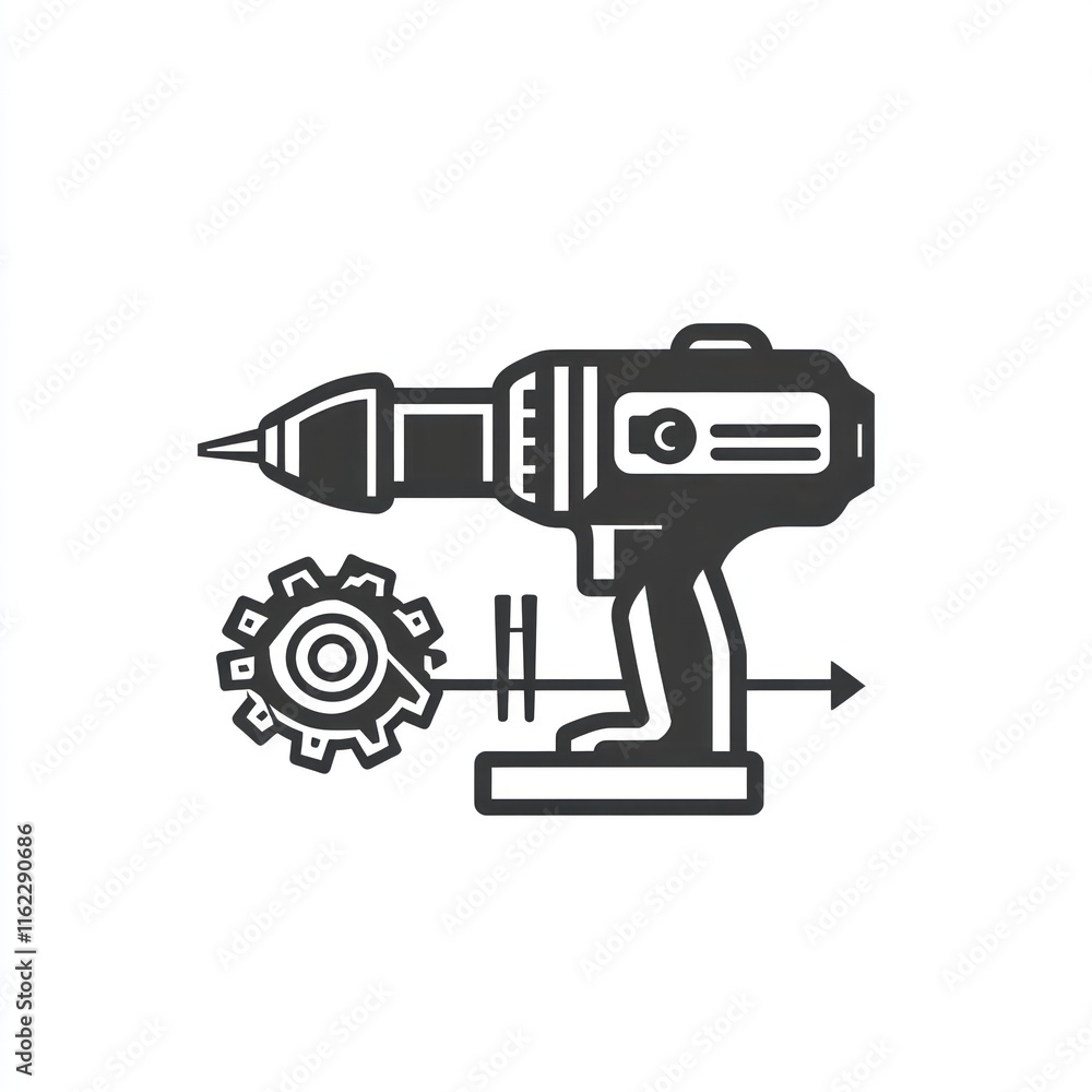 Cordless drill icon with gear, showing power and mechanism. Cordless drill icon with gear, showing power and mechanism.