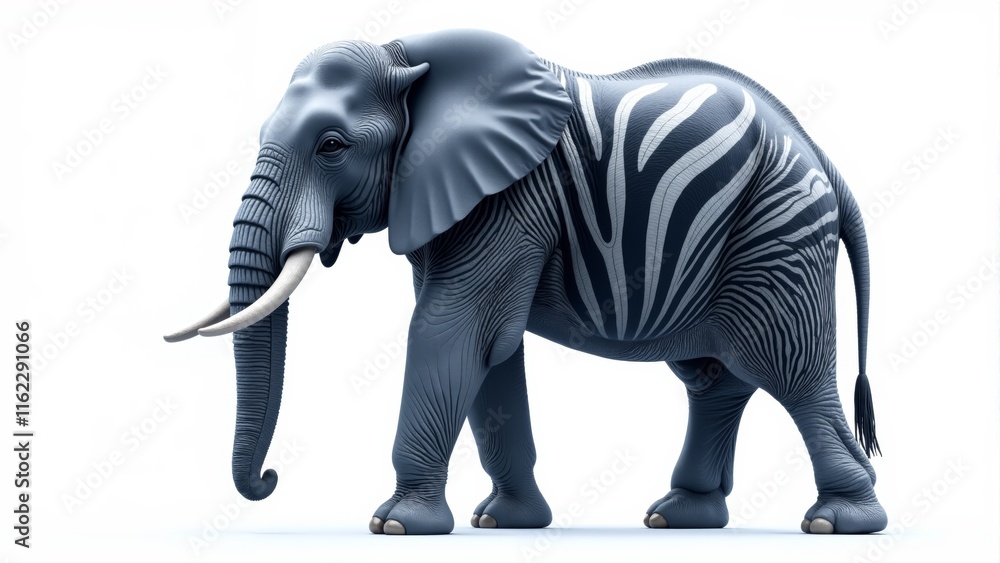 Fototapeta premium Elephant with Striped Skin Roaming in a Surreal Jungle Environment at Dusk