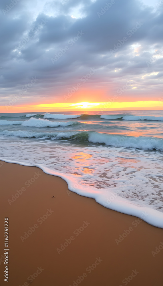 Fototapeta premium Sea waves and warm sunset light, calm and relaxing sandy beach, dreamy atmosphere, with white tones