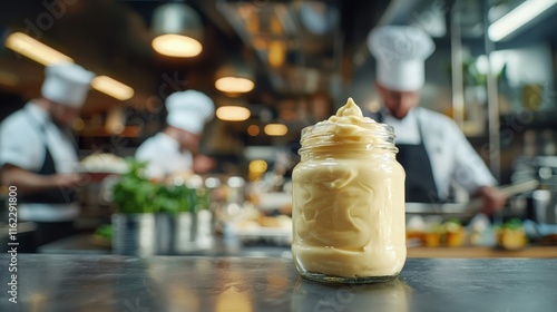 Fototapeta Naklejka Na Ścianę i Meble -  Chefs plate dishes in a dynamic kitchen, highlighting a jar of mayonnaise