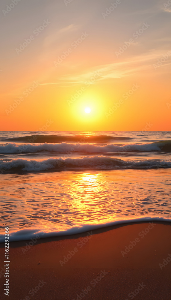 Fototapeta premium Sea waves and warm sunset light, calm and relaxing sandy beach, cinematic, with white tones