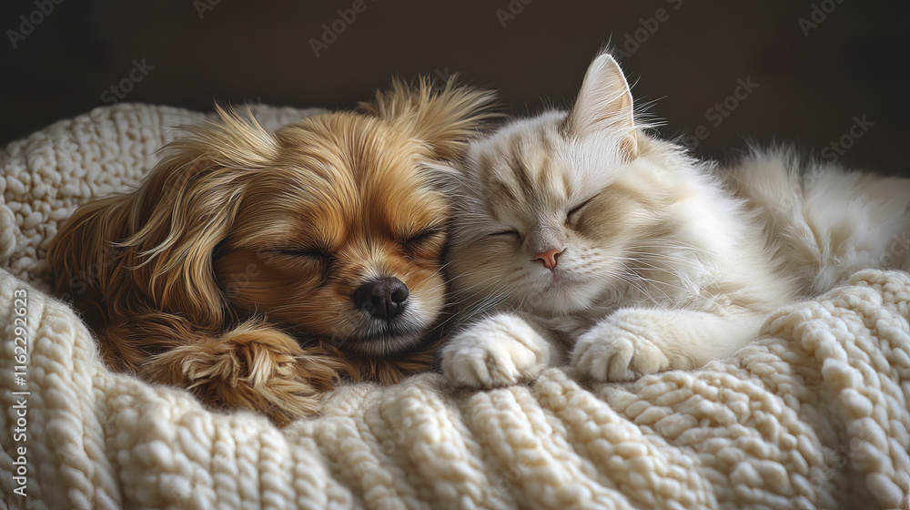 Shih Tzu and fluffy Ragdoll cat napping peacefully together Shih Tzu and fluffy Ragdoll cat napping peacefully together