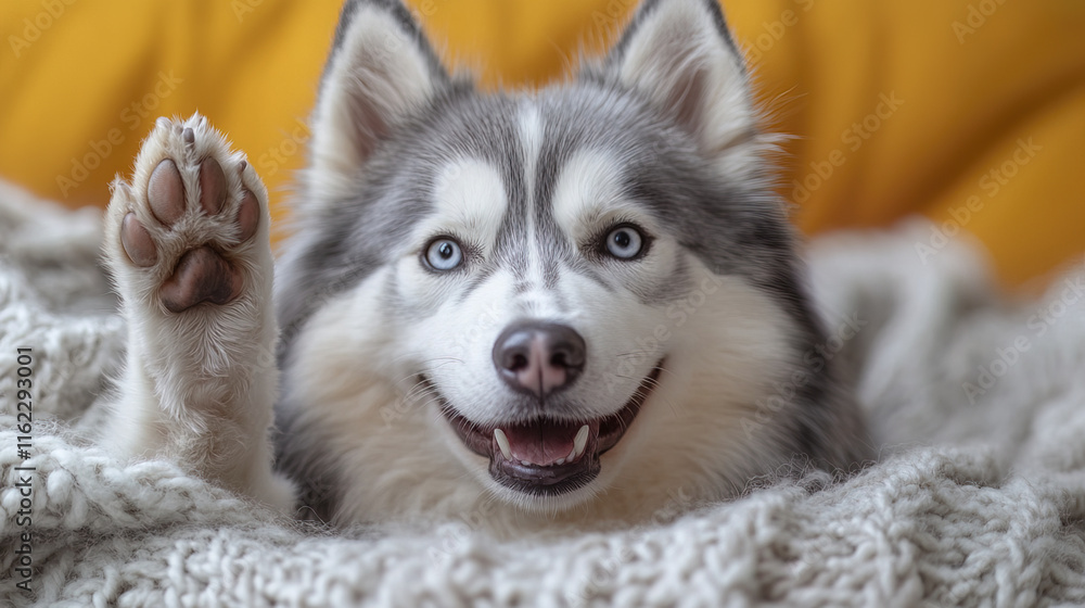 Siberian Husky with blue eyes giving high five, looking happy and playful
