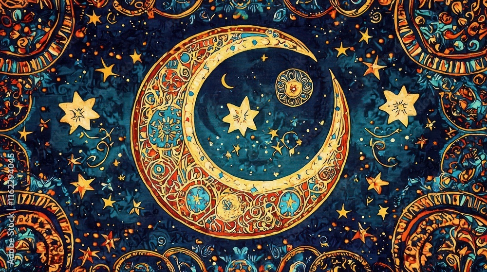 Fototapeta premium Ornate Crescent Moon Celestial Tapestry Design