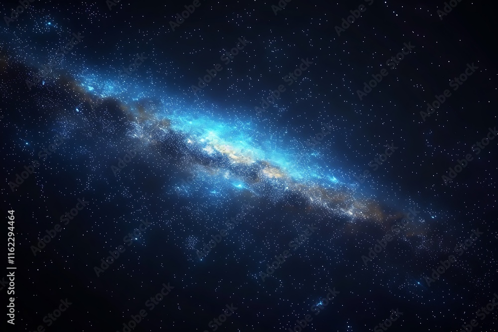 Fototapeta premium The Milky Way galaxy in black space, blue glow illuminating stars, digital rendering symbolizing cosmic beauty and vastness.
