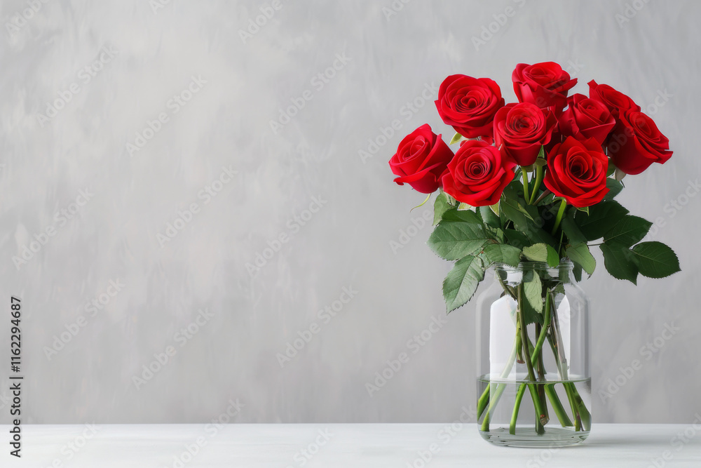 Beautiful bouquet of red roses in a clear vase on a neutral background Beautiful bouquet of red roses in a clear vase on a neutral background