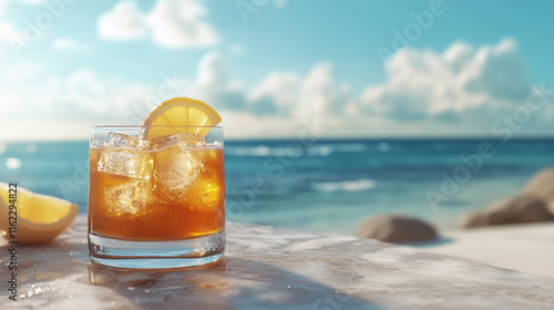 Iced cocktail with lemon garnish on a beachside table under a bright summer sky photo