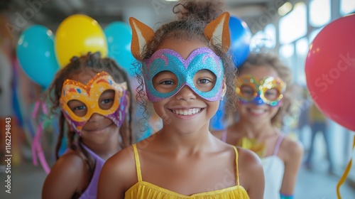 A diverse group of children wearing vibrant carnival masks and face paint, joyfully playing games at a Mardi Gras celebration with colorful balloons photo