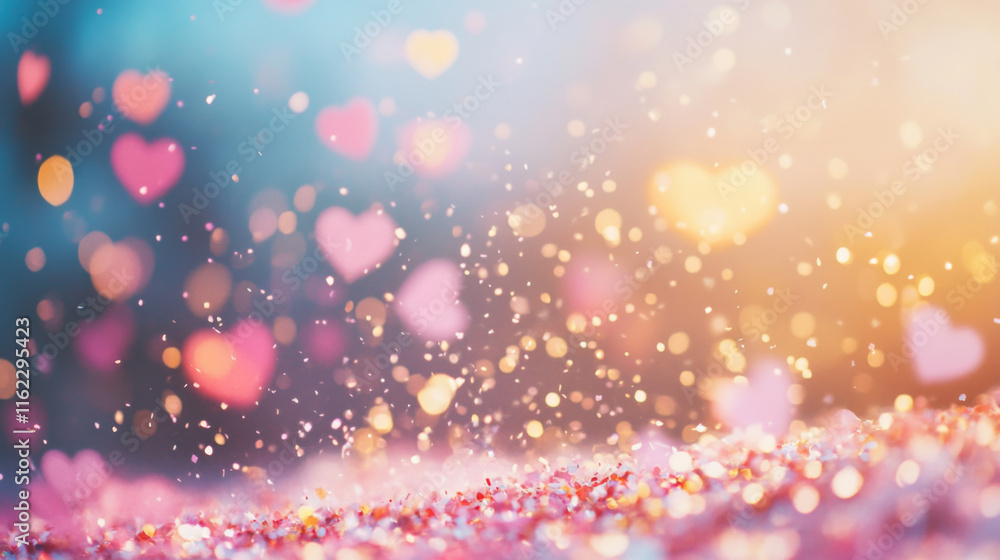 Colorful hearts and sparkling lights create a dreamy atmosphere Colorful hearts and sparkling lights create a dreamy atmosphere