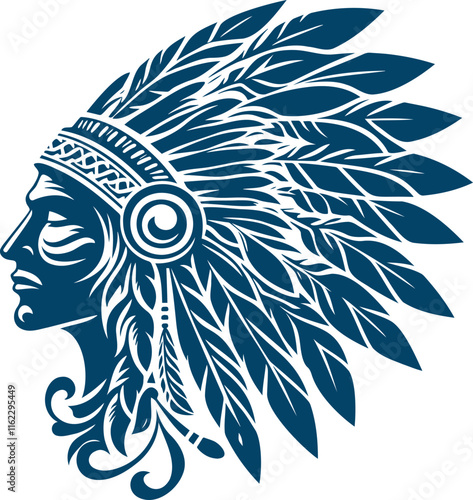 Profile of a Native American Chief in Detailed Blue Silhouette Style