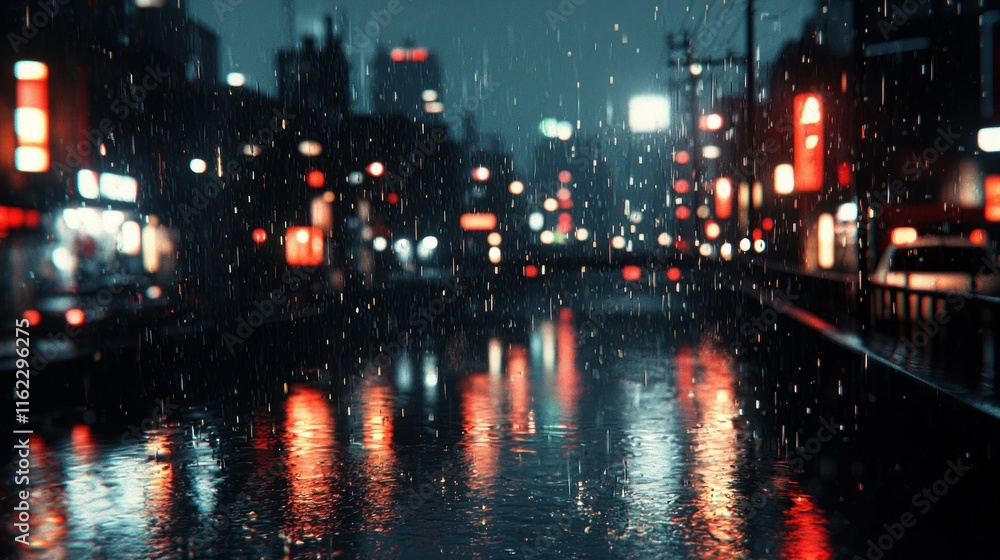 Obraz premium Rainy cityscape reflecting lights on water.