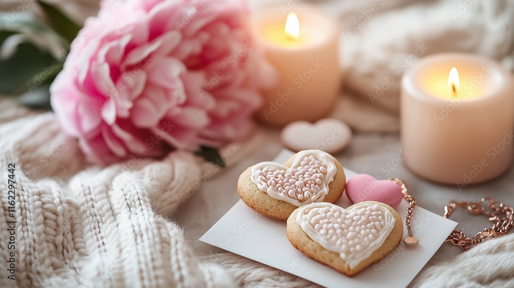 A minimalistic Valentine's Day setup featuring heart-shaped cookies, a handmade card, pink peonies, candles, and handcrafted jewelry on a white surface A minimalistic Valentine's Day setup featuring heart-shaped cookies, a handmade card, pink peonies, candles, and handcrafted jewelry on a white surface