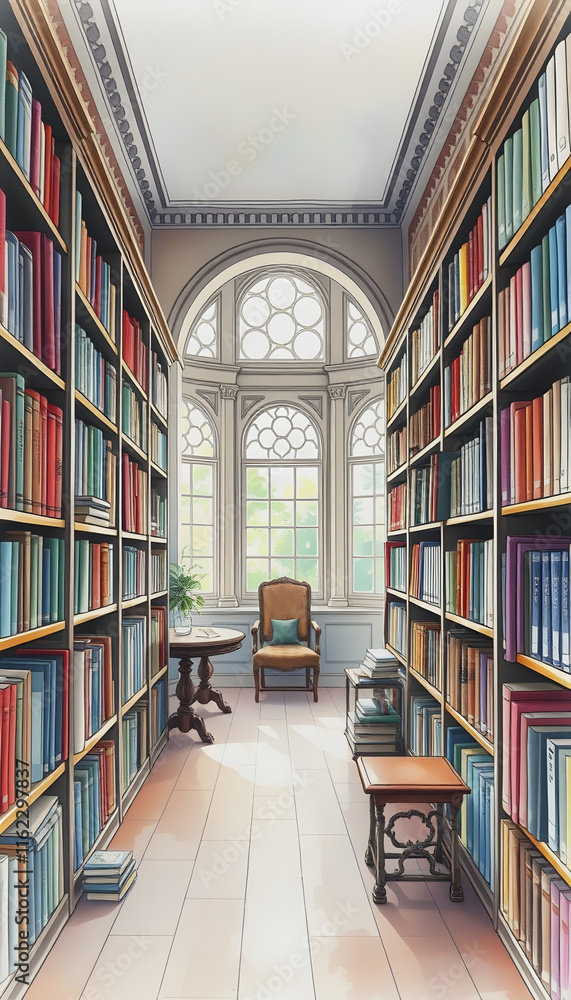 The quiet beauty of a library in watercolor a haven of books, doodle art, with white tones