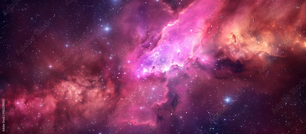 Naklejka premium Vivid pink and purple nebula, starry space background, high resolution, sharp focus, realistic style.