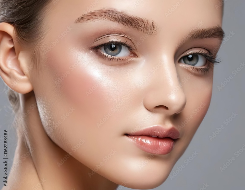 A close-up of a woman's face with flawless makeup and smooth skin