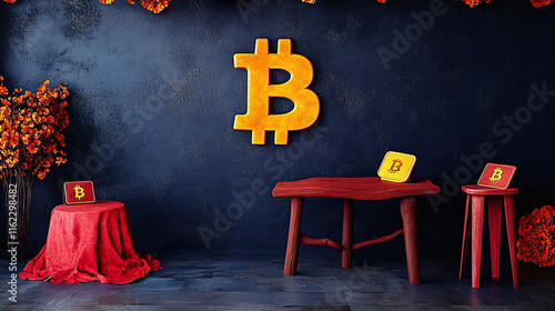 vibrant cryptocurrency photo booth setup featuring large Bitcoin symbol, colorful floral decorations, and themed seating. Perfect for events celebrating digital currency photo