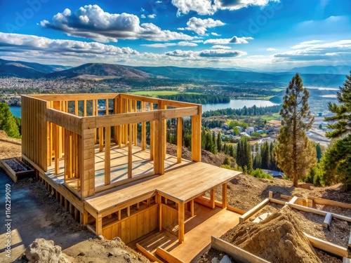 Modern hillside home framing in Spokane Valley/Liberty Lake WA: stunning construction photography.