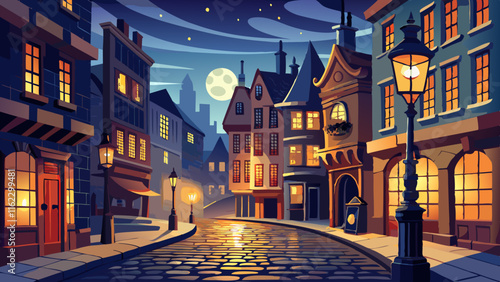 Design a vintage cityscape featuring cobblestone streets and lampposts glowing at night