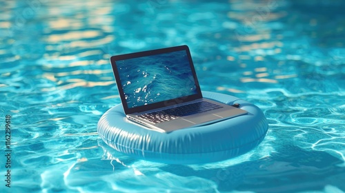 Laptop Floating on Inflatable Ring in Swimming Pool