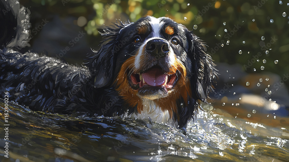 happy Bernese Mountain Dog splashes in clear mountain stream, enjoying water happy Bernese Mountain Dog splashes in clear mountain stream, enjoying water