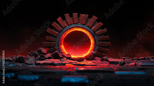 glowing circular structure surrounded by dark, rocky terrain creates futuristic atmosphere. vibrant red light contrasts with dark background, evoking sense of mystery and intrigue photo