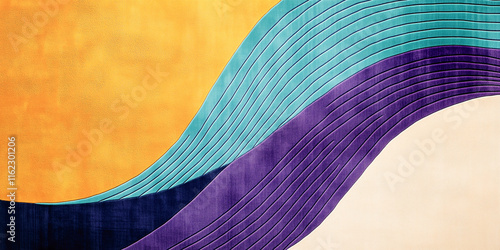 Abstract wide geometric banner featuring soothing sumptuous sinusoidal curves flowing gracefully across smooth light suede in vibrant turquoise, golden yellow, and soft lilac, ideal for modern design photo