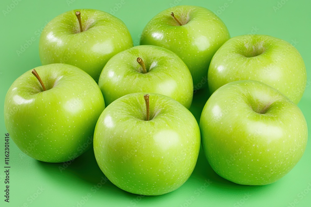 Fresh Green Apples Scattered on a Vibrant Light Green Background for a Lively Display Fresh Green Apples Scattered on a Vibrant Light Green Background for a Lively Display