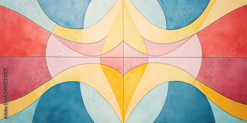 Abstract wide geometric banner with catenary curves intersecting with radial angles forming an angular grid on smooth light suede in vivid periwinkle, coral blush, and soft lemon, ideal for web design photo