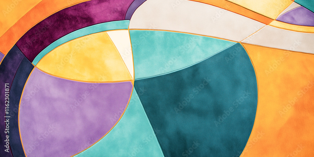 Obraz premium Colorful wide geometric banner with intersecting straight lines and arcs on smooth light suede in lavender, teal, and marigold, ideal for vibrant digital backgrounds
