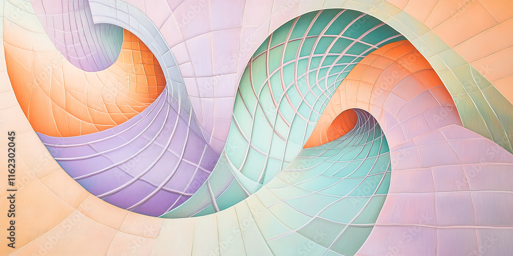 Obraz premium Gentle sweeping vibrant abstract wide geometric banner with lemniscate curves merging into radiating gridlines on smooth light suede in lavender, tangerine, and mint green, perfect for modern design