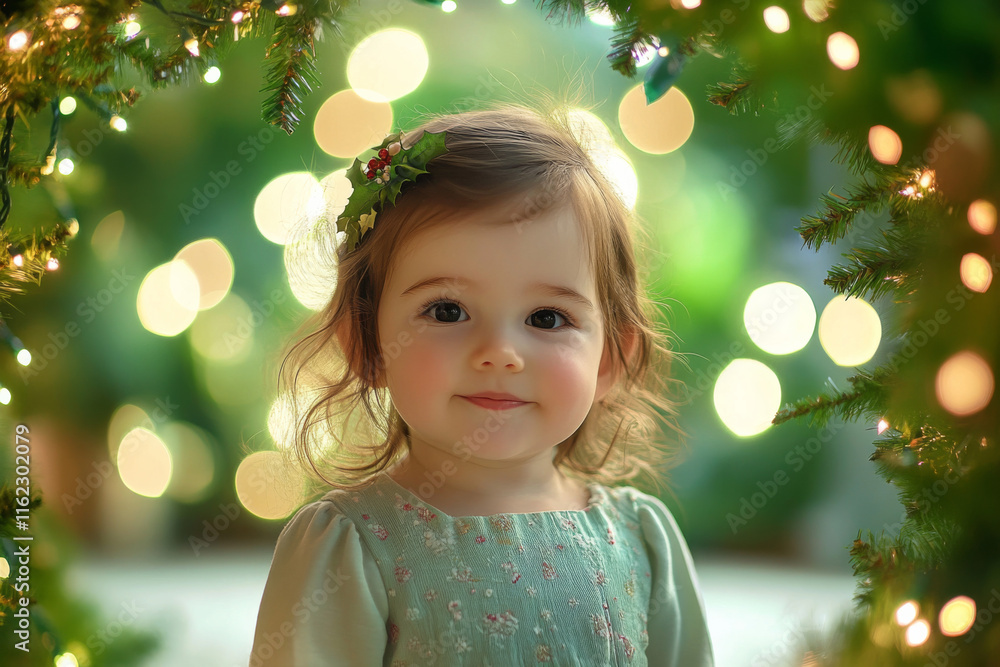 Charming toddler with festive decor and warm lights at a holiday celebration Charming toddler with festive decor and warm lights at a holiday celebration