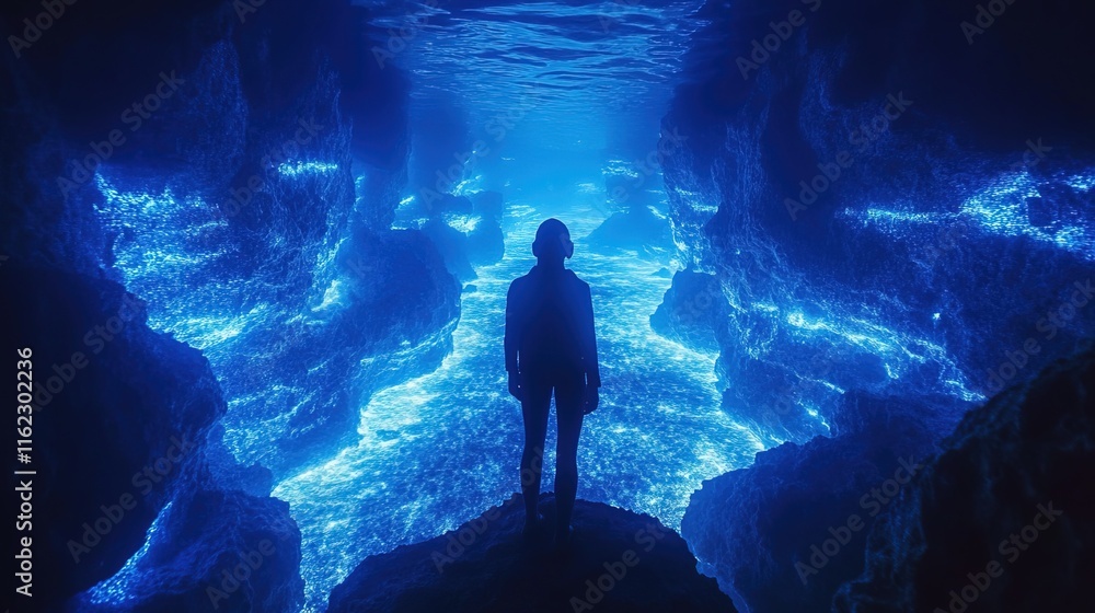Fototapeta premium Deep-sea exploration with glowing bioluminescent creatures, mysterious atmosphere, dark blue lighting