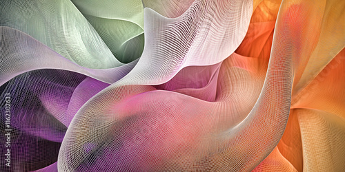 Abstract wide colorful geometric banner with sine waves, cubic curves, and logarithmic spirals on light suede in soft lavender, warm orange, and rich green, perfect for contemporary digital designs
