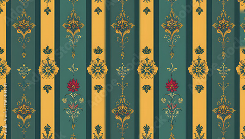 Trendy stylish Vertical Striped floral pattern with paisley and indian flower motifs. damask modern style pattern , Design for fashion , fabric, textile, wallpaper , wrapping and all prints