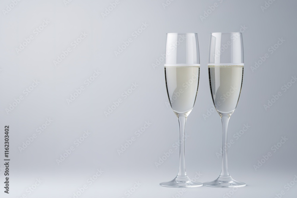 pair of champagne flutes tilted together romantically placed on pristine white background pair of champagne flutes tilted together romantically placed on pristine white background