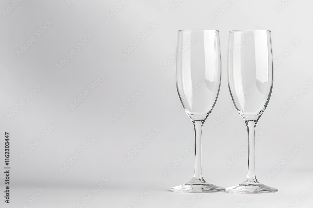 pair of champagne flutes tilted together romantically placed on pristine white background pair of champagne flutes tilted together romantically placed on pristine white background