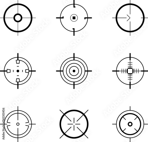 Weapon sight, sniper rifle optical scope. Hunting gun viewfinder with crosshair. Crosshair gun sight icons set. Bullseye, target or aim symbol. Shooting mark. Military target sign. Game UI. Vector.