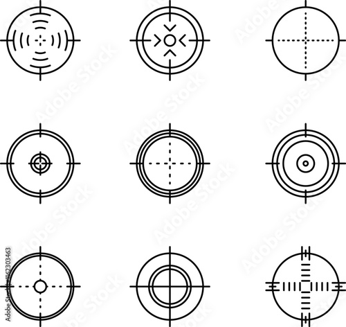 Crosshair gun sight vector icons set. Bullseye, target or aim symbol. Futuristic aim pointer. Military rifle scope, shooting mark sign. Targeting, aiming. Archery, hunting vector. Game UI element.