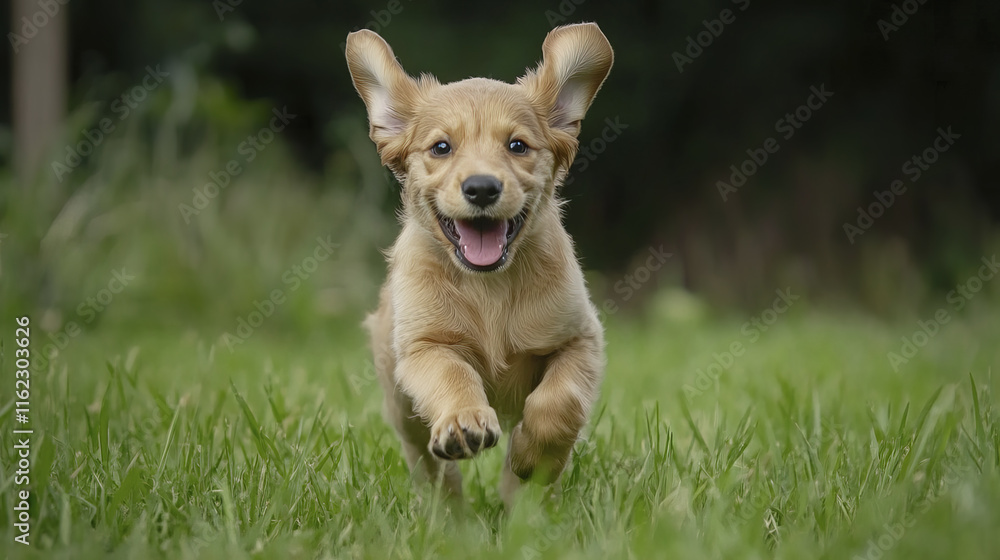 Happy puppy running in green grass, playful and full of energy Happy puppy running in green grass, playful and full of energy