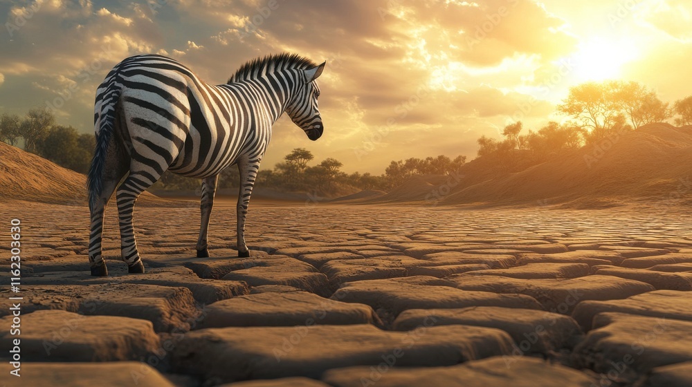 Obraz premium Zebra in Arid Desert Landscape at Sunset