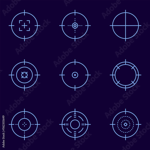 Weapon sight, sniper rifle optical scope. Hunting gun viewfinder with crosshair. Crosshair gun sight icons set. Bullseye, target or aim symbol. Shooting mark. Military target sign. Game UI. Vector.