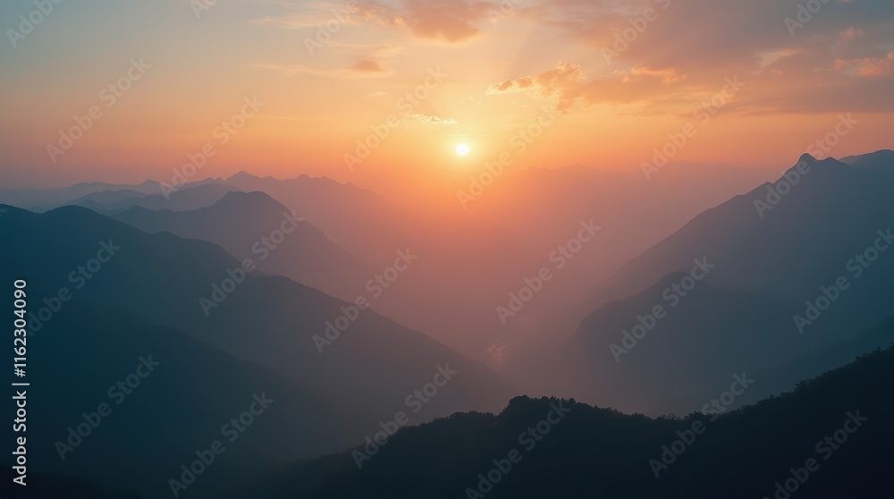 Obraz premium Stunning Sunset Over Majestic Mountains Showcasing Tranquility and Natural Beauty