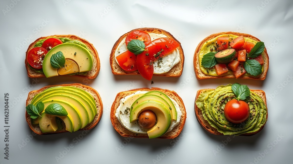 Avocado Toast Trio - Top View, High-Quality, Bright Food Photography Avocado Toast Trio - Top View, High-Quality, Bright Food Photography