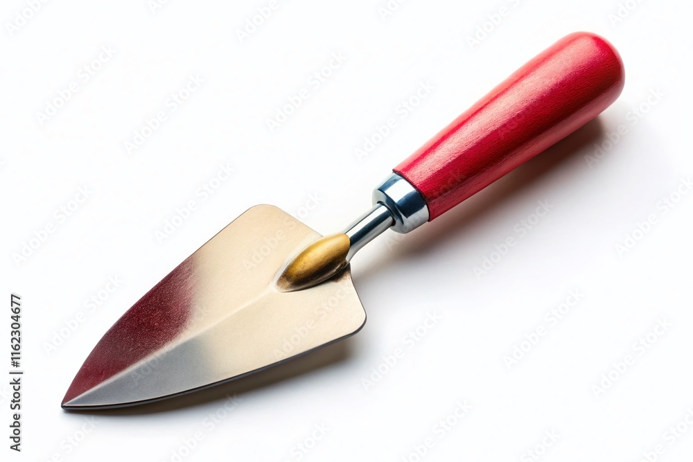 A white background showcases a trowel, photographed candidly by AI. A white background showcases a trowel, photographed candidly by AI.