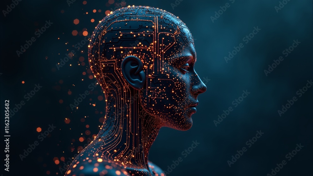 Obraz premium Exploring the fusion of technology and humanity through a digital silhouette
