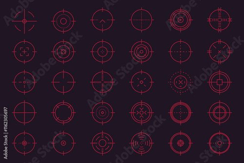 Weapon sight, sniper rifle optical scope. Hunting gun viewfinder with crosshair. Crosshair gun sight icons set. Bullseye, target or aim symbol. Shooting mark. Military target sign. Game UI. Vector.