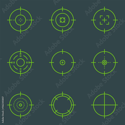 Weapon sight, sniper rifle optical scope. Hunting gun viewfinder with crosshair. Crosshair gun sight icons set. Bullseye, target or aim symbol. Shooting mark. Military target sign. Game UI. Vector.